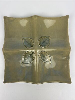 Studio Art Pottery Serving Dish Divided Applied Leaves Blue-green Signed-image