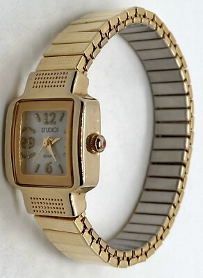 NEW STUDIO TIME Watch New Battery Square Gold Case Expansion Band Fit 6” Wrists-image