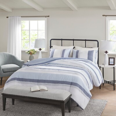 Madison Park 3 Piece Striped Jacquard Duvet Cover Set Full Queen King Size Bed-image