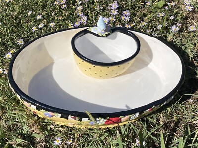 2pc Mary Engelbreit Yellow Oval Large Serving Bowl + Dip Side 2000 Michael Ink-image