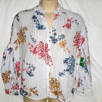 NEW dip Brand Blouse XL 16 18 Floral Stripes V-Neck LS Cotton India MSRP $32-image