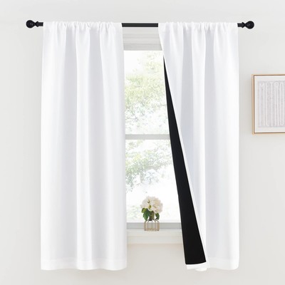 White 100% Blackout Lined Curtains, 2 Thick Layers Completely Blackout Rod Po...-image