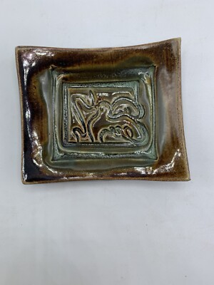 Studio Art Pottery Small Trinket Dish Green/Brown Glazed Bird Image Signed Art-image