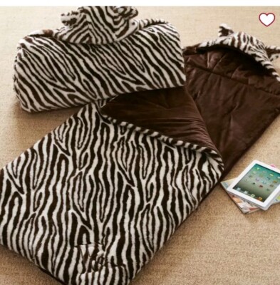 SOLD OUT POTTERY BARN TEEN PLUSH FAUX FUR ZEBRA SLEEPING BAG  BROWN WHITE-image