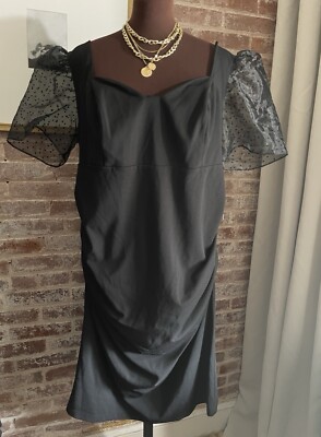 New! DB Studio Black Puff Sleeve Sweetheart Neck Low Back Midi Dress Plus Sz 20-image