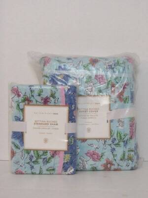Pottery Barn Teen Bettina Ruched F/Q Duvet Cover & 1 Std. Sham Blue NWT-image