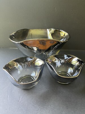 Dorothy Thorpe Bowl Vintage Silver Fade Rim Large Chip Dip Glass MCM Set Of 3-image