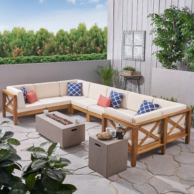 Cynthia Outdoor Acacia Wood 10-Piece U-Shaped Sectional Sofa Set with Fire Pit-image