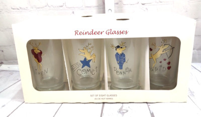 Pottery Barn Set of 8 Santa's Reindeer Christmas Drinking Glasses In Box RETIRED-image