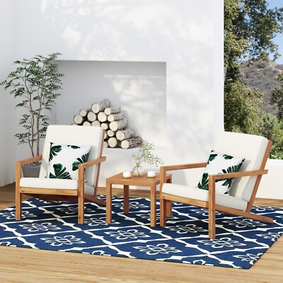 Outdoor Acacia Wood 3 Piece Chat Set with Cushions, Teak and Cream-image