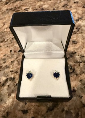 14K Gold Earrings With .8 Sapphire Cubic Zirconia Stone Heart Shaped -image