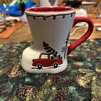 Potter's Studio Red Truck w/Christmas Trees Boot-shaped Coffee Mug Holiday 12 oz-image