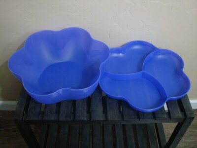Tupperware Purple Flower Chip-N-Dip Bowl Set Large Divided Tray Lids Lot Set-image