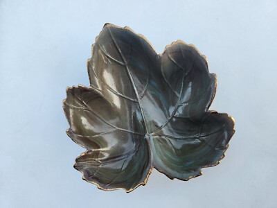 Studio Art Pottery Leaf Trinket Dish Green Gold Glazed Ceramic signed Nan-image