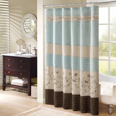 Madison Park Serene Faux Silk Embroidered Floral Shower Curtain-image