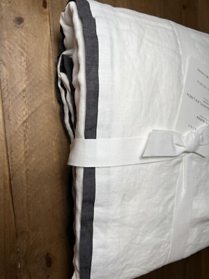 Pottery Barn Belgian Flax Linen Contrast Flange Full/Queen Duvet  White/Ebony-image