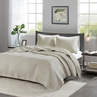 MADISON PARK 3 PIECE FULL/QUEEN SIZE COVERLET SET COLOR CREAM NEW -image