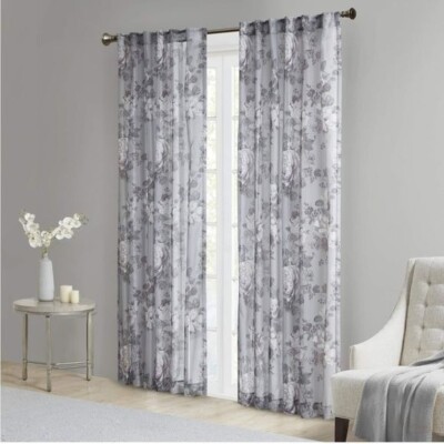 NWT Madison Park Simone Floral Design Sheer Single Window Curtain 50inx84in Grey-image