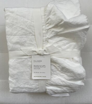 Pottery Barn BELGIAN FLAX LINEN FRINGE RUFFLE Duvet Full/Queen White NWT-image