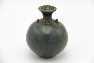 Dark Mottled Slate Coloured Bulbous Shaped Pottery Vase with Long Neck-image