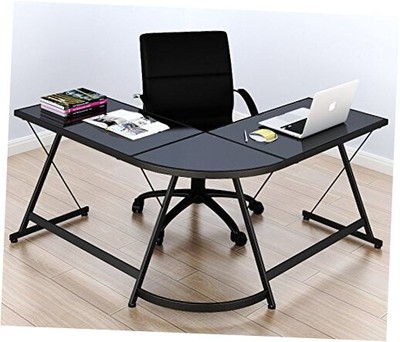  Gaming Desk Computer L-Shape Corner Studio Table, L-Shaped w/ Glass Top Black-image