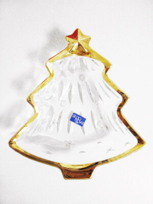 NEW IN BOX STUDIO NOVA Gold Trim Holiday/Christmas Tree Shaped Glass Candy Dish-image