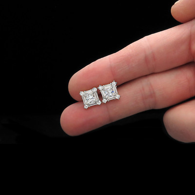 2.00CT Princess Baguette Round Simulated Diamond Stud Earrings 14K White Gold-image
