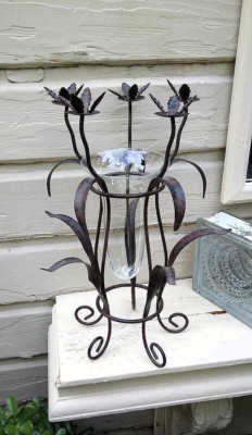 Tall Vintage Caged Glass Bud Vase Wrought Iron Vine Motif and candle holders-image