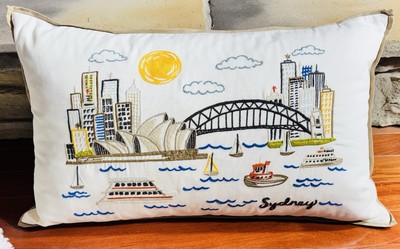 Pottery Barn Pillow Embroidered Sydney Opera House Skyline Bridge Boat 25x15”-image
