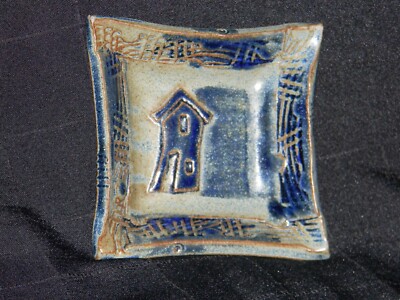 Studio Art Pottery Square Trinket Dish with Raised House 5 1/8