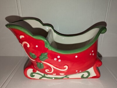 Christmas Large Sleigh Chip And Dip Ceramic Painted Green/Red(Please Read)-image