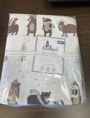 Pottery Barn Flannel Winter snowy Bear organic bed sheet set TWIN-image