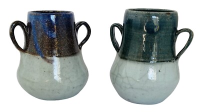 2 Vintage Studio Art Stoneware Pottery Double Handle Vessels, Jugs Approx 5.5” T-image