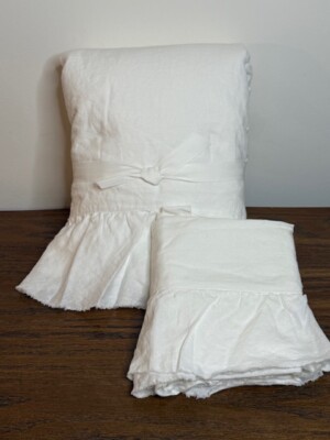 Pottery Barn Queen Belgian Flax Linen Fringe Ruffle Duvet & 1 Euro Sham,  White-image