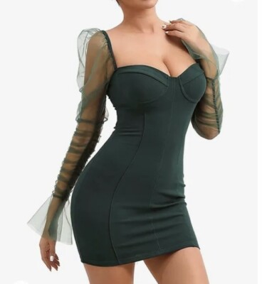 L'Vow Studio Women's Mini Dress Long Sheer Puff Sleeve Stretchy Green Size XL-image