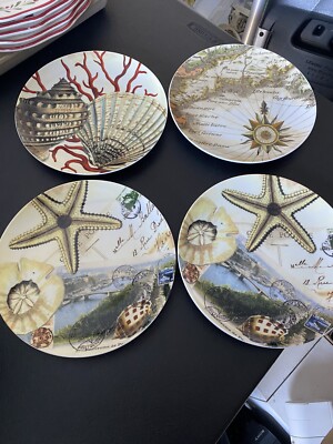 Pottery Barn Stoneware Set Of 4 Salad Plates/Condiment Dishes Seashell Nautical-image