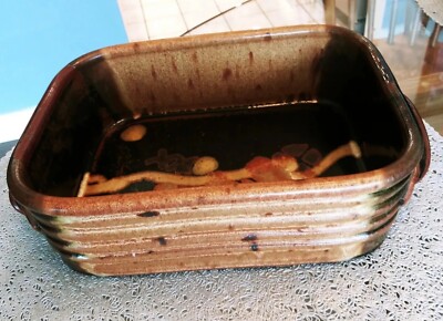 MCM Art Pottery  Brown Black Matte Brutalist Handled Casserole Dish 11