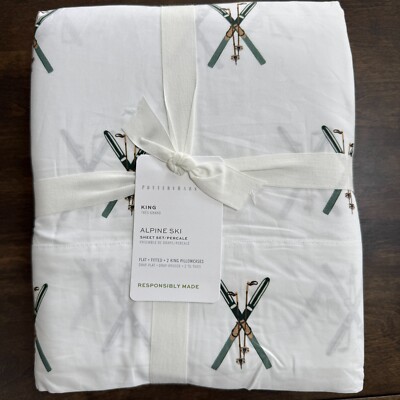 POTTERY BARN ALPINE SKIS SHEET SET KING ORGANIC COTTON SNOW SKI ~ WHITE MULTI-image