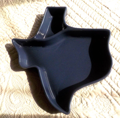 TEXAS Shaped FRANKOMA Chip & Dip 2 Section Serving Pottery Dish Navy Blue-image