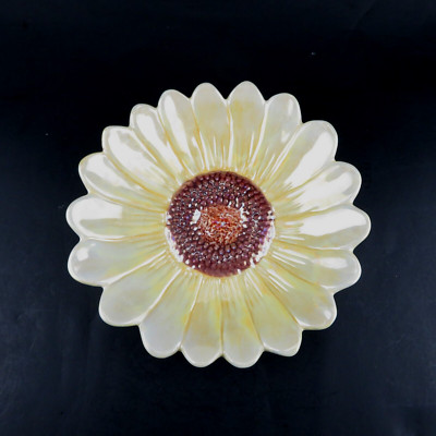 Yellow Sunflower Shaped Shallow Pottery Bowl/Dish -7'W- w/ Iridescent Sheen- VTG-image