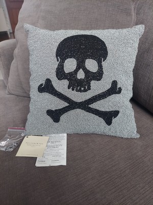Pottery Barn Black Skull Crossbones 12x12 Inches Beaded Pillow Black Grey 2008-image