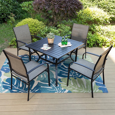 5-Piece Outdoor Patio Dining Set Metal Steel Square Table Textilene Chairs Black-image