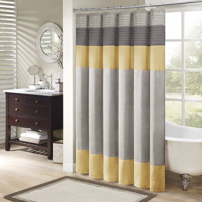 Madison Park Amherst Bathroom Shower Curtain Faux Silk Pieced Striped Modern-image