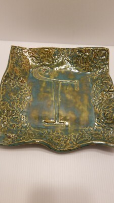 Studio Pottery Jennie Hillman Initial T Tray Dish Blue Green Ruffle Edge Glazed-image