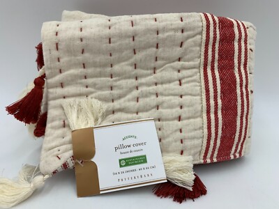 Pottery Barn Nellie Quilted Lumbar Pillow Cover Ivory Red 16