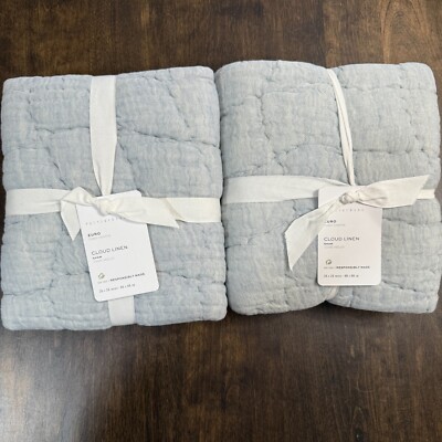 POTTERY BARN CLOUD HANDCRAFTED COTTON/LINEN QUILTED EURO SHAM SET OF 2 ~CHAMBRAY-image