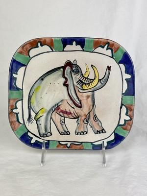 Suki Diamond Studio Artisan Pottery Plate Signed Colorful Elephant Design-image