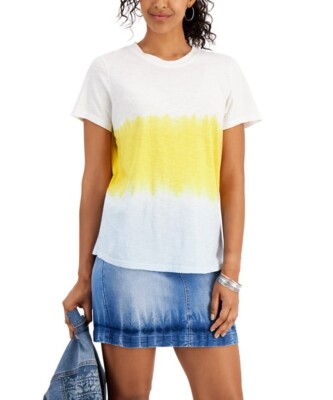 Style & Co Women's Cotton Dip-Dyed T-Shirt Short Sleeve White Yellow Blue Size L-image