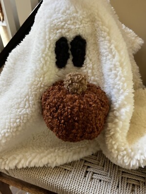 Pottery Barn Gus the Ghost With Pumpkin White Sherpa Shaped Pillow Halloween NWT-image