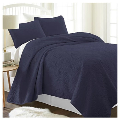 Linen Market Quilted Coverlet Set Damask Patterned, King/California King Navy -image